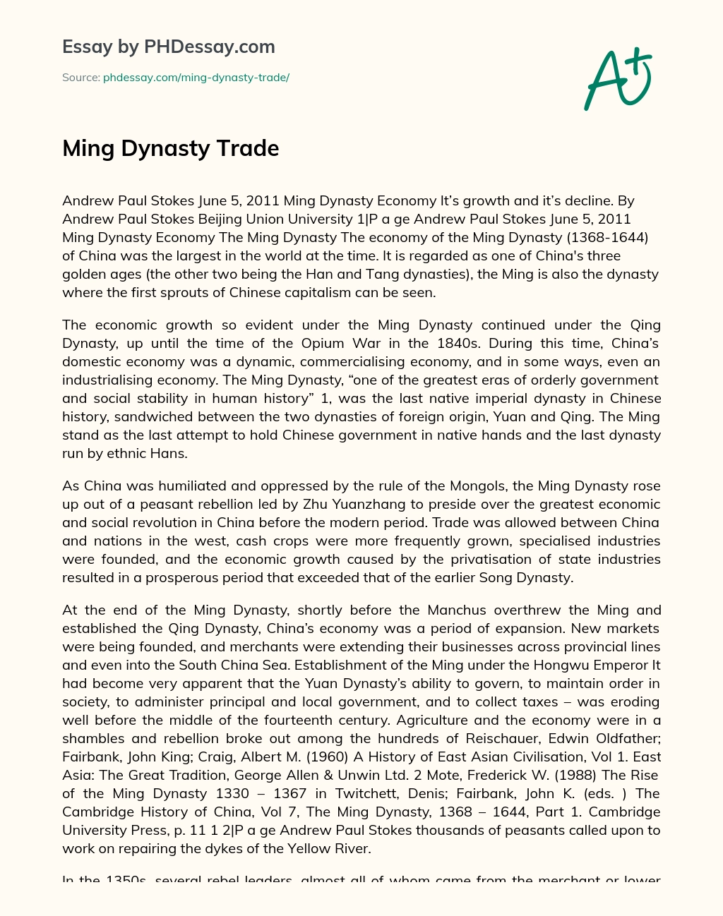 Ming Dynasty Trade essay