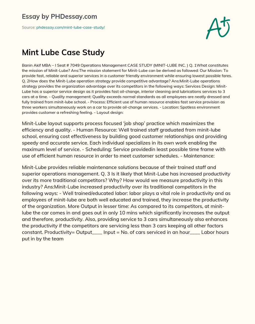 Mint Lube Case Study essay