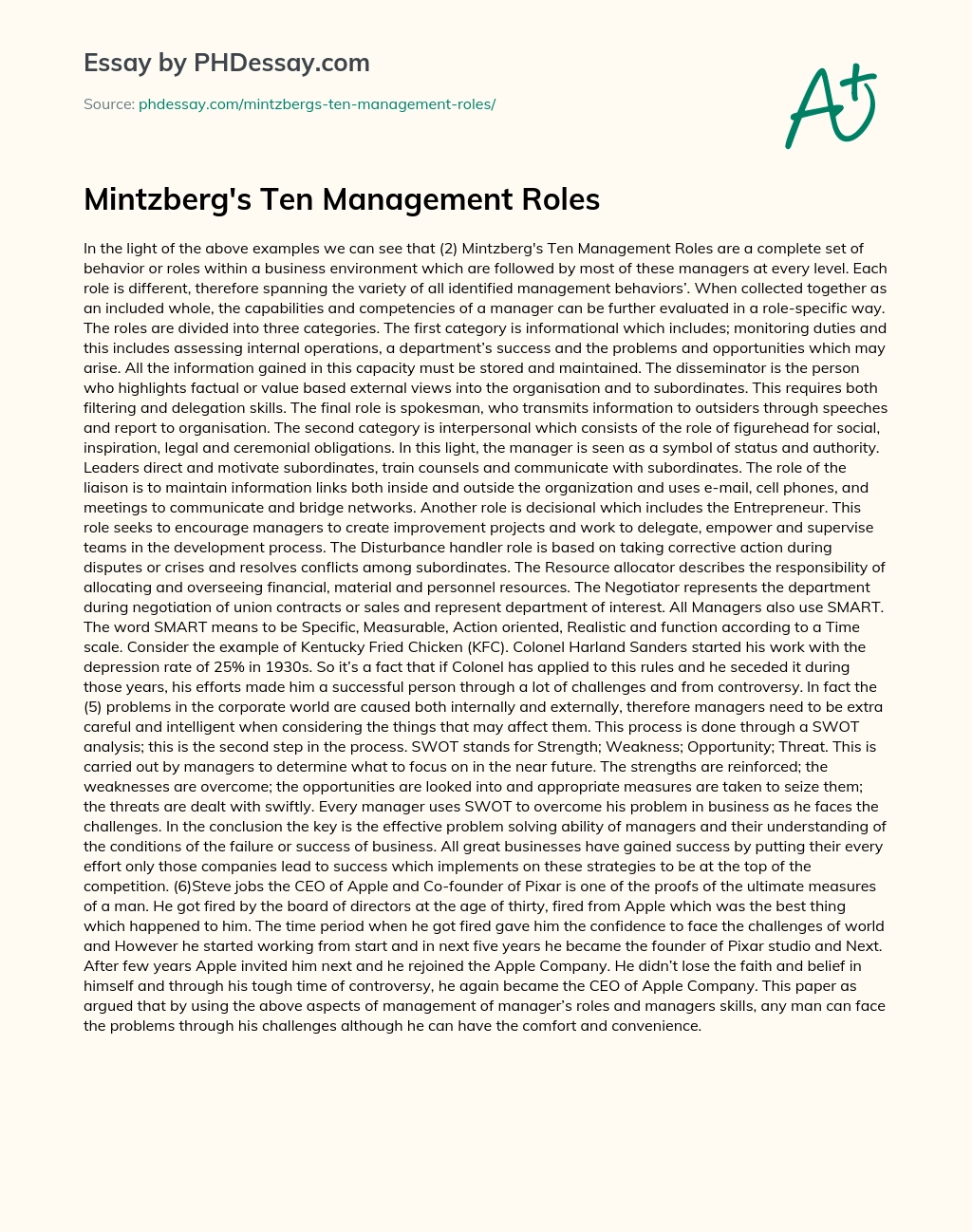 Mintzberg’s Ten Management Roles essay