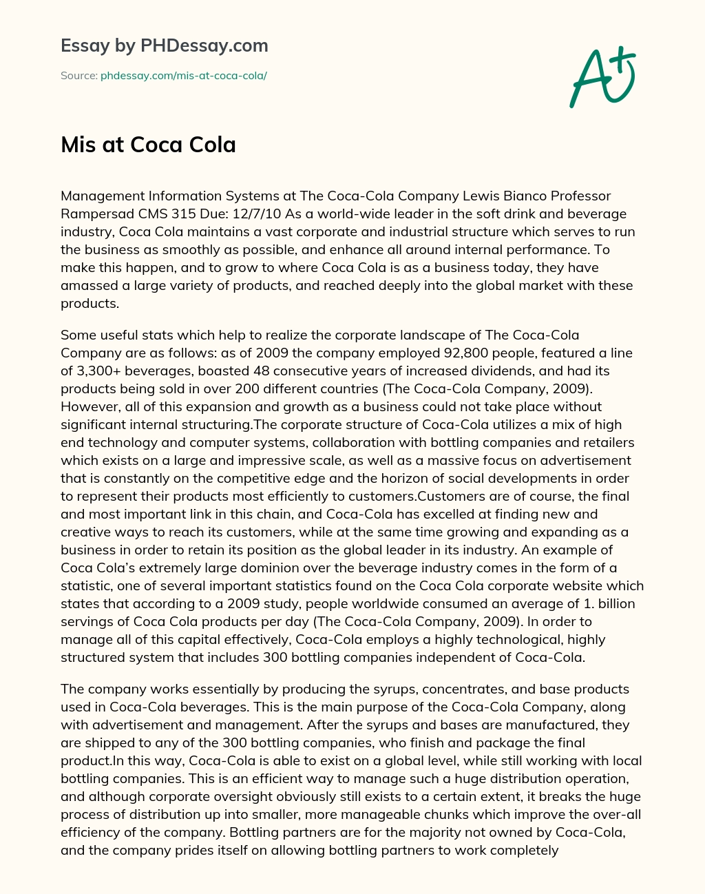 Mis at Coca Cola essay