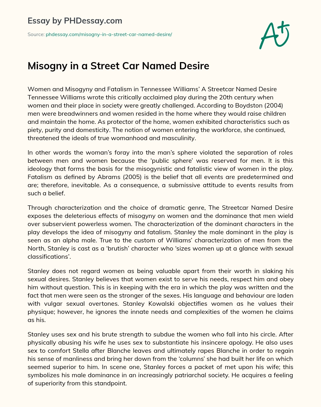 Misogny in a Street Car Named Desire essay