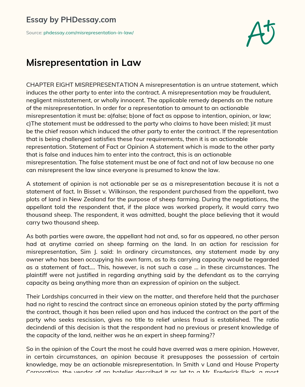 Misrepresentation in Law essay