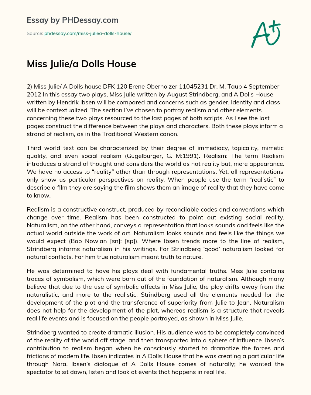 Miss Julie/a Dolls House essay