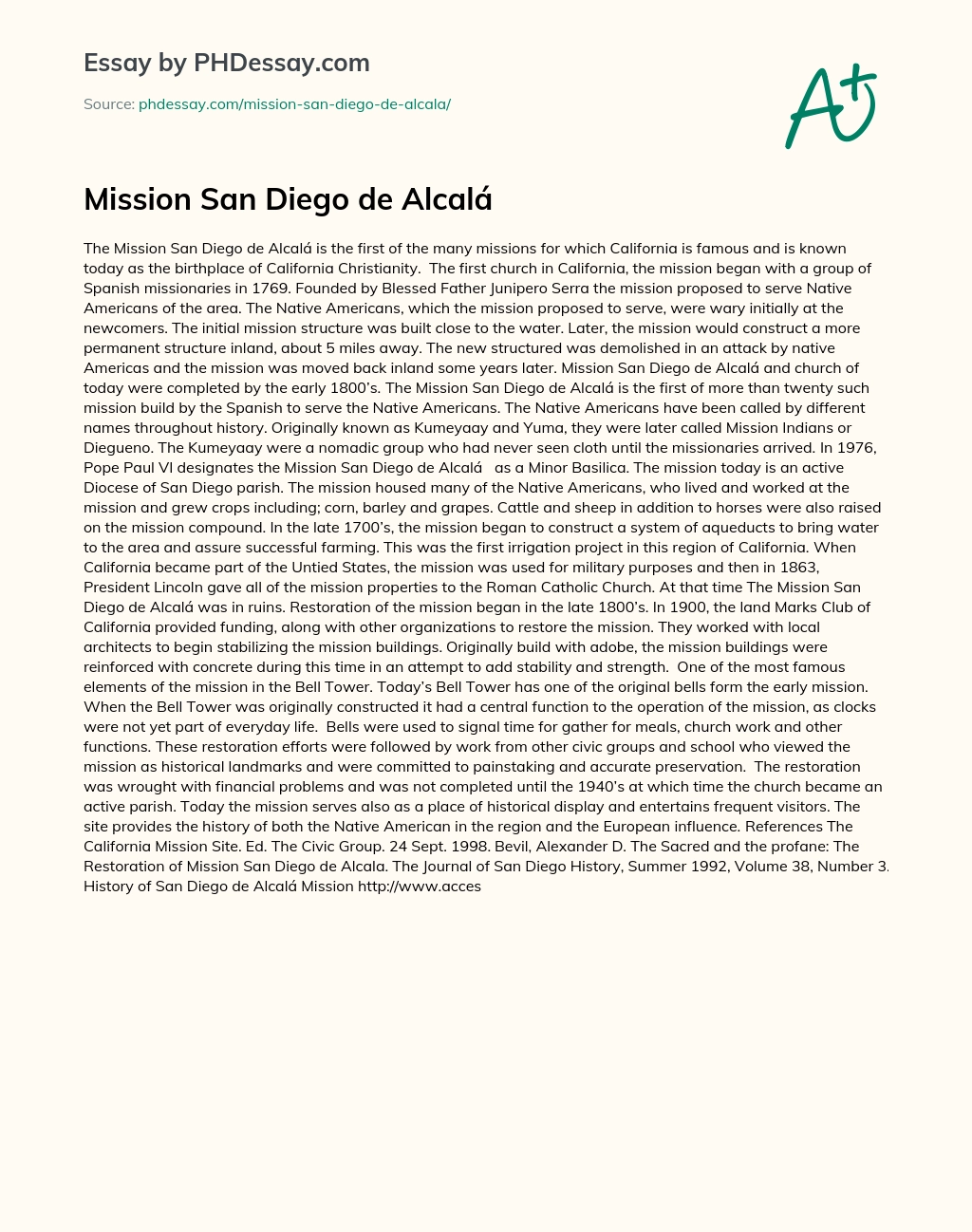 Mission San Diego de Alcalá essay