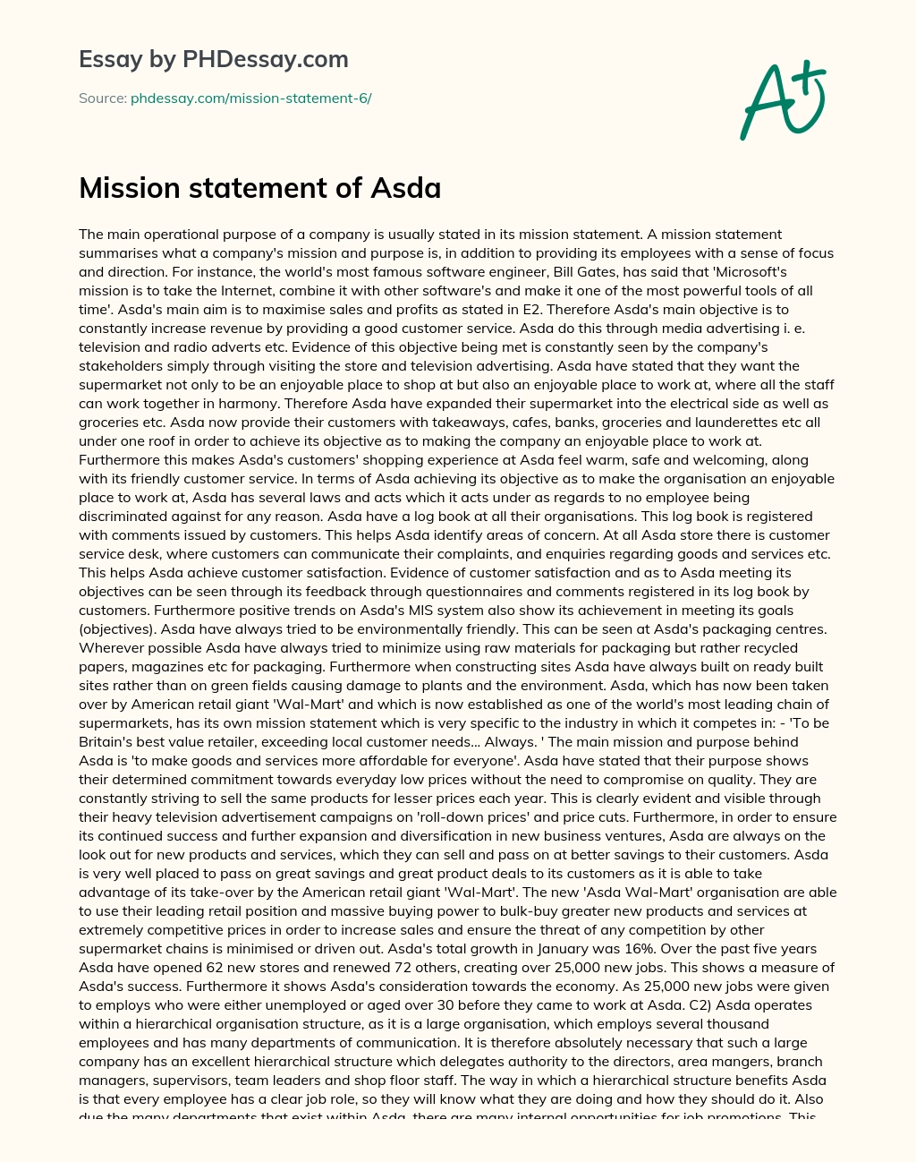 Mission statement of Asda essay