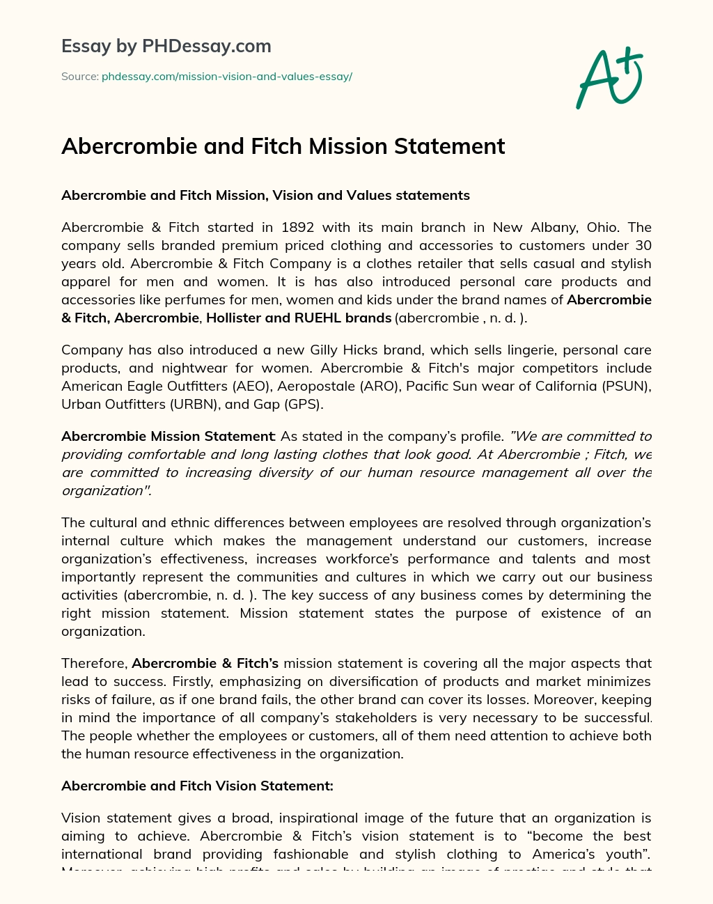 Abercrombie and Fitch Mission Statement essay