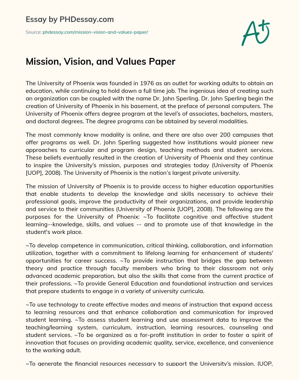 Mission, Vision, and Values Paper essay