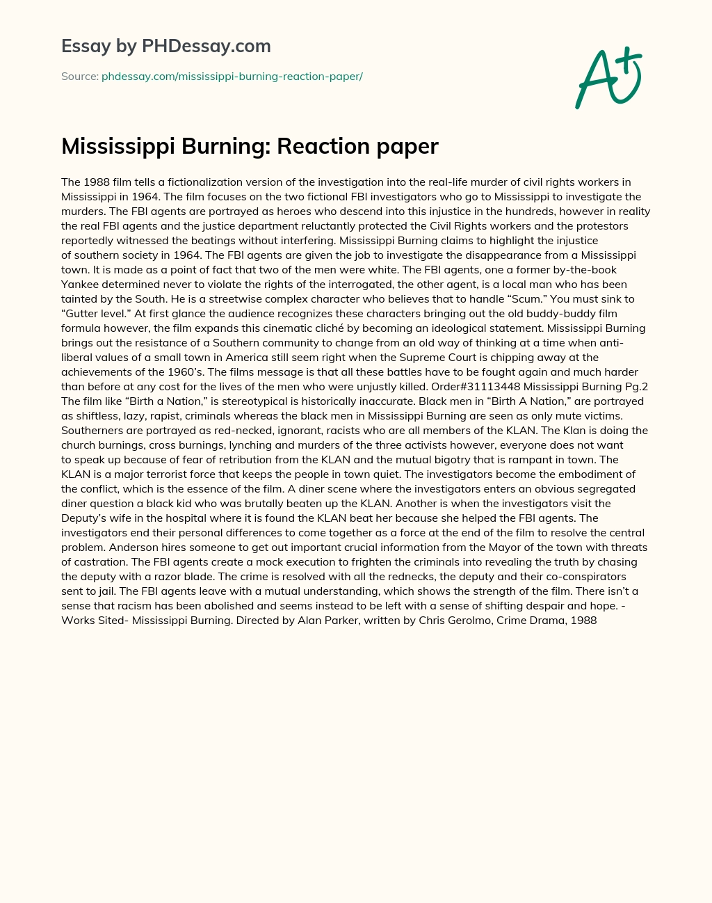 Mississippi Burning: Reaction paper essay