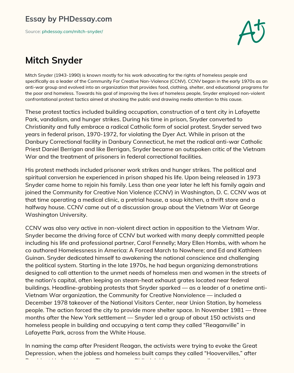 Mitch Snyder essay