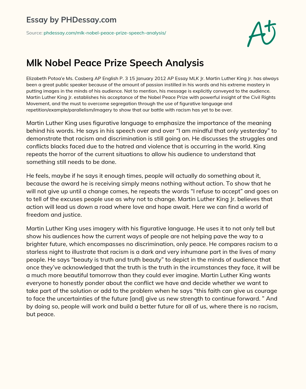 Mlk Nobel Peace Prize Speech Analysis essay
