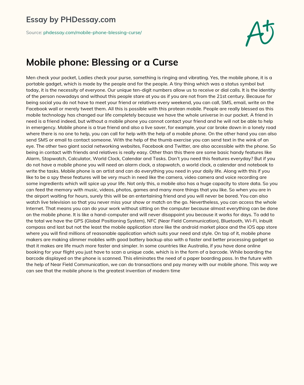 Mobile phone: Blessing or a Curse essay