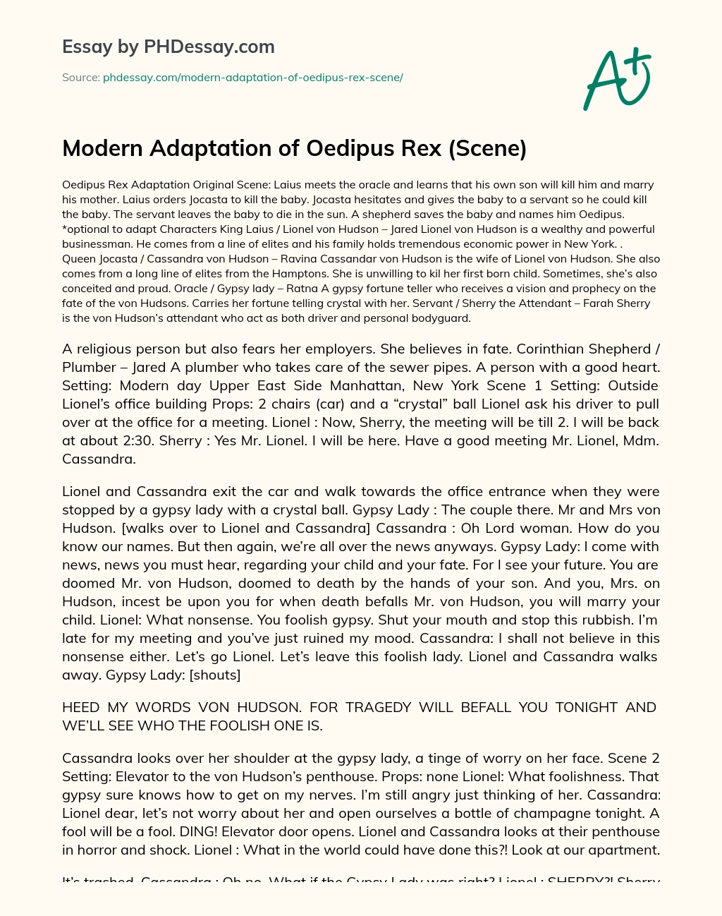 Modern Adaptation of Oedipus Rex (Scene) essay