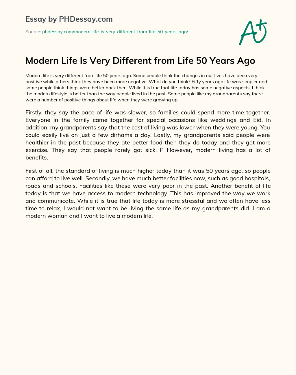 Modern Life Is Very Different from Life 50 Years Ago essay