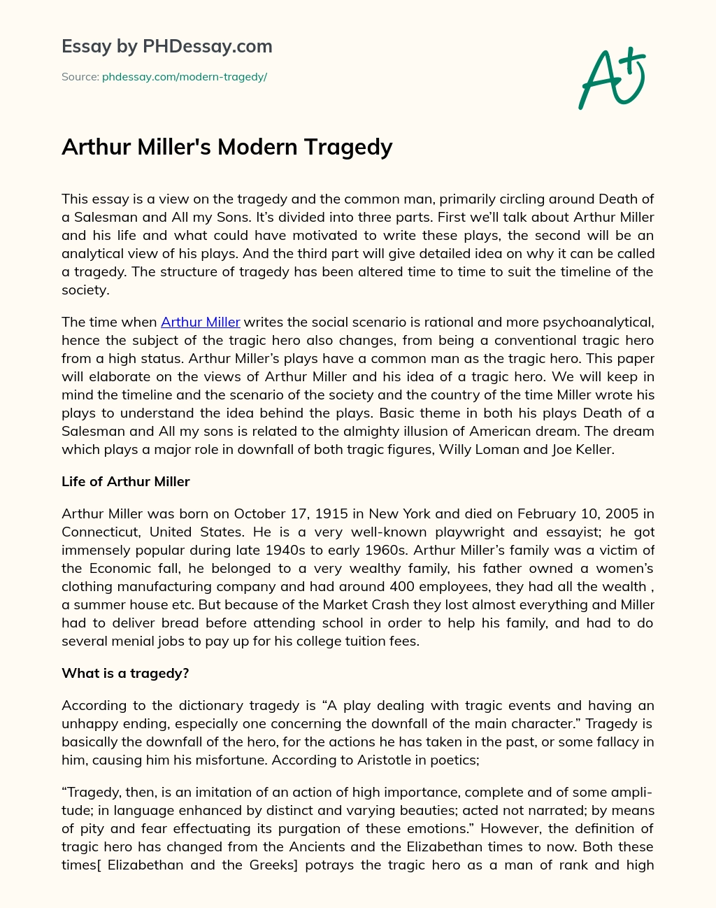 Arthur Miller’s Modern Tragedy essay
