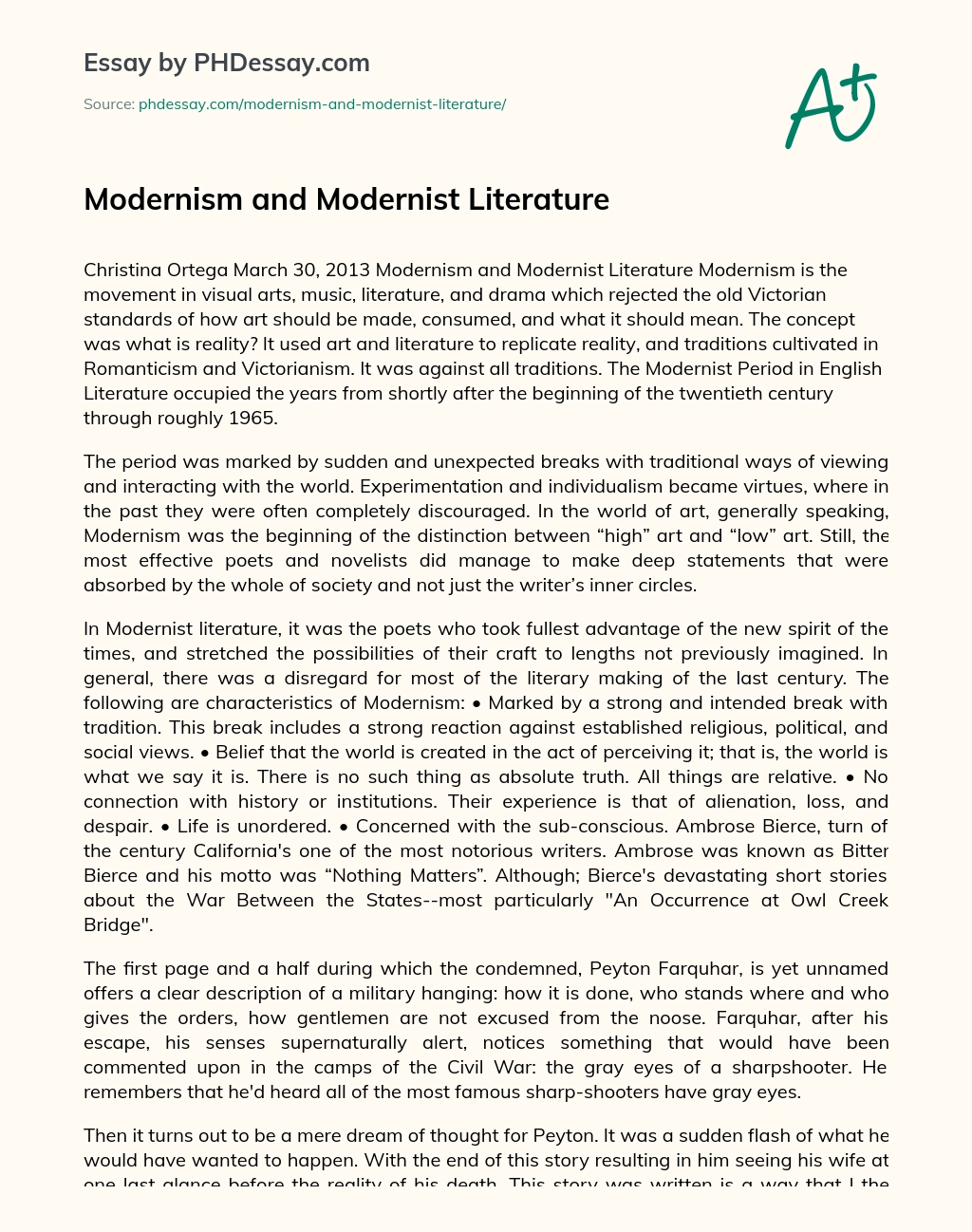 Modernism and Modernist Literature essay