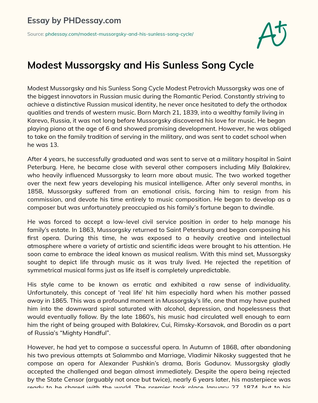 Modest Mussorgsky and His Sunless Song Cycle essay