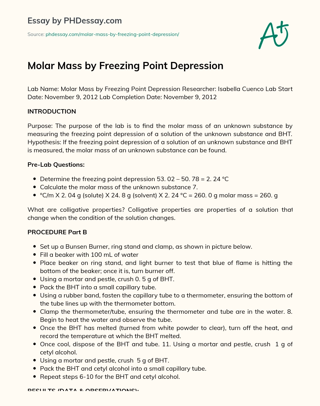 Molar Mass by Freezing Point Depression essay