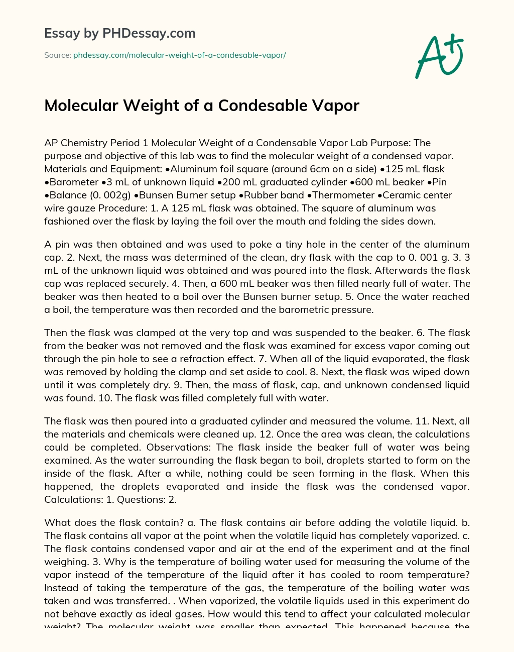 Molecular Weight of a Condesable Vapor essay