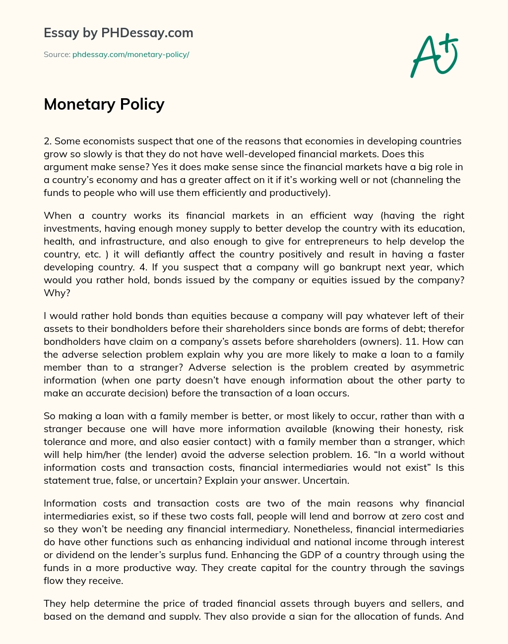 Monetary Policy essay