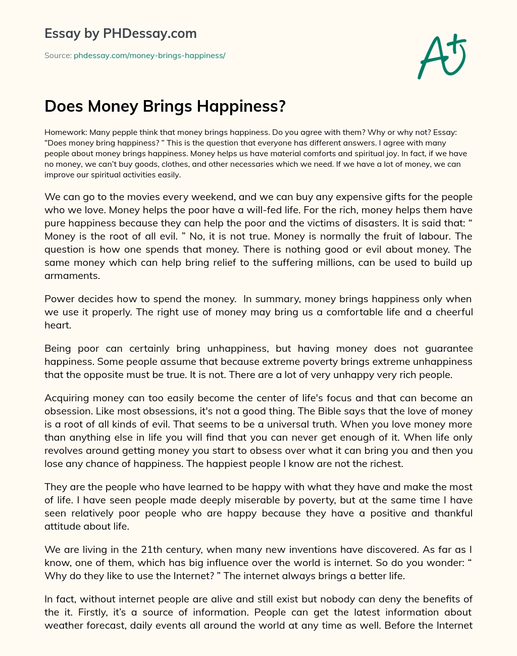 how does money buy happiness essay