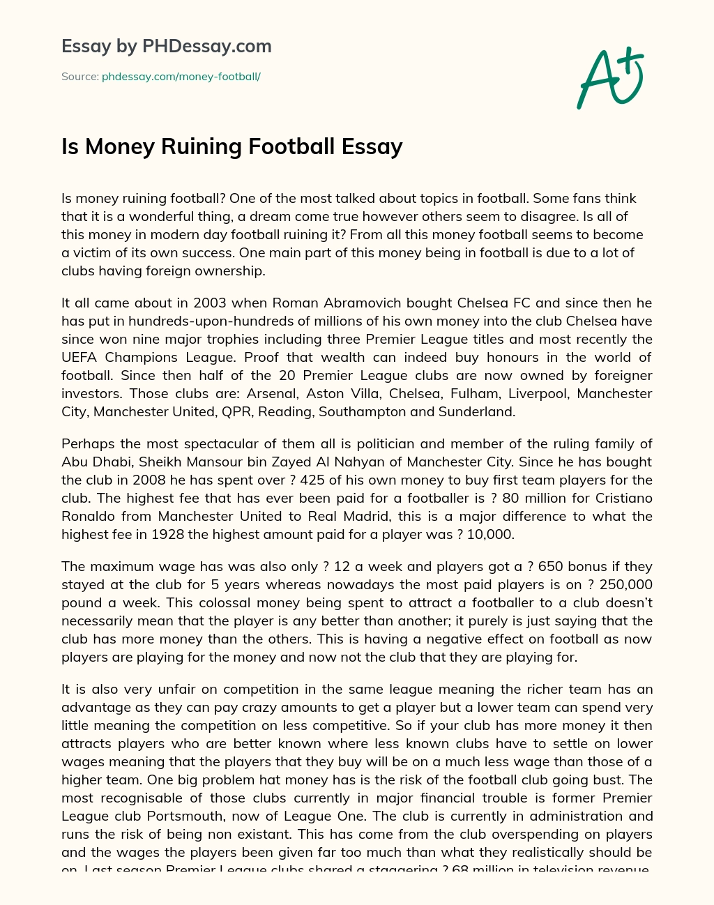 Is Money Ruining Football Essay essay