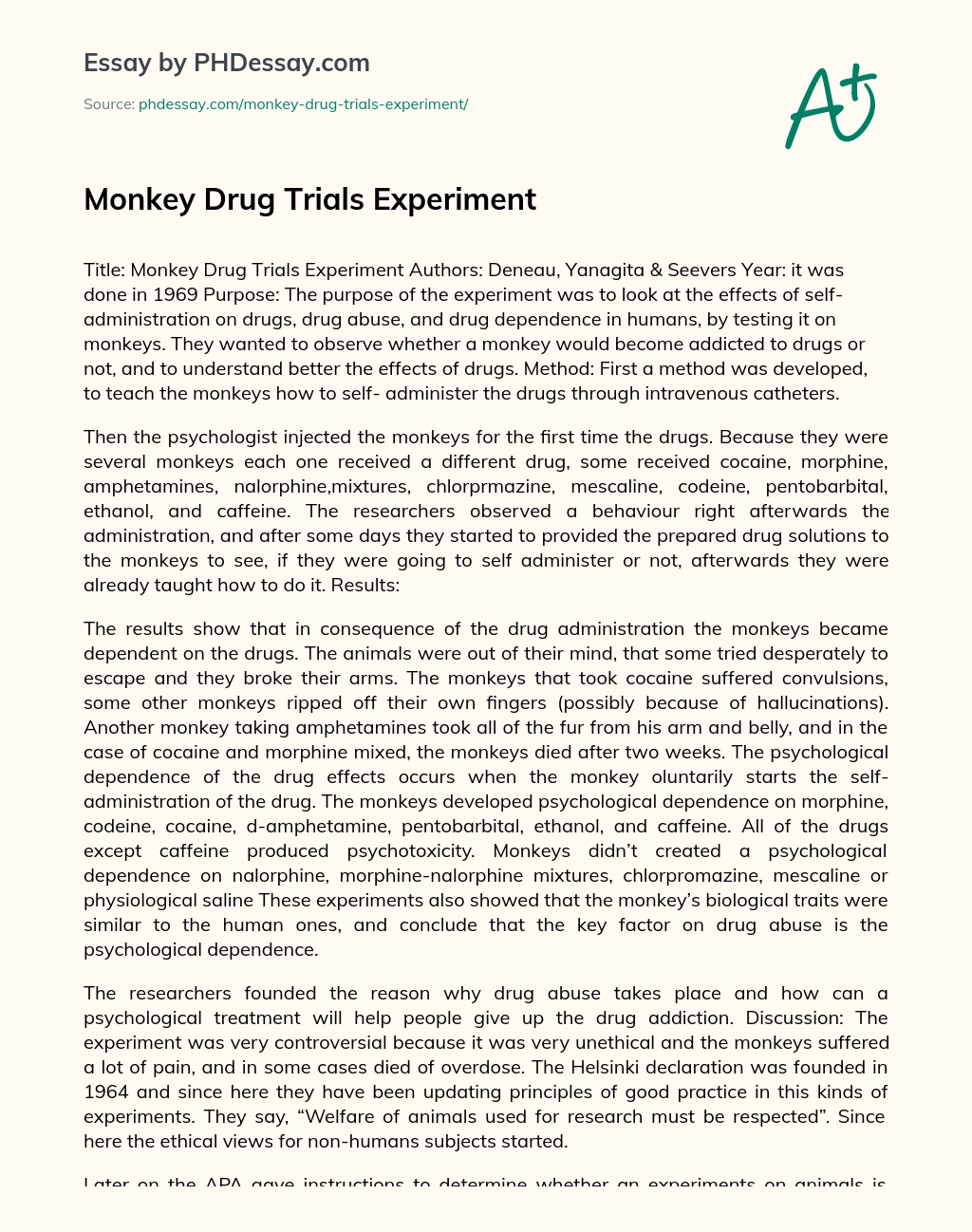 Monkey Drug Trials Experiment essay