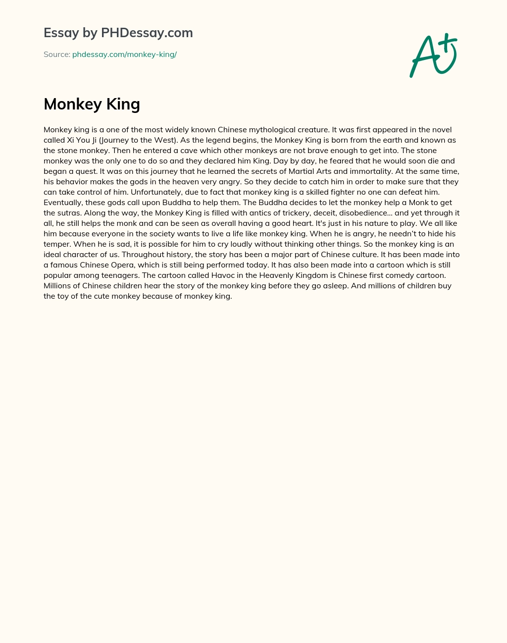 Monkey King: A Chinese Mythological Creature with Martial Arts and Immortality Secrets essay