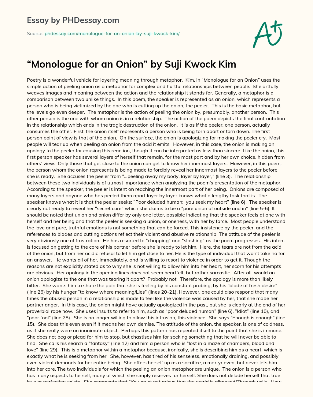 Monologue for an Onion by Suji Kwock Kim essay