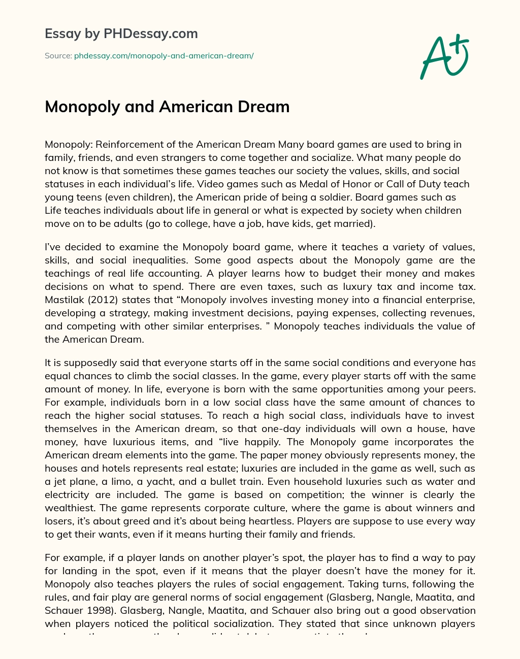 Monopoly and American Dream essay