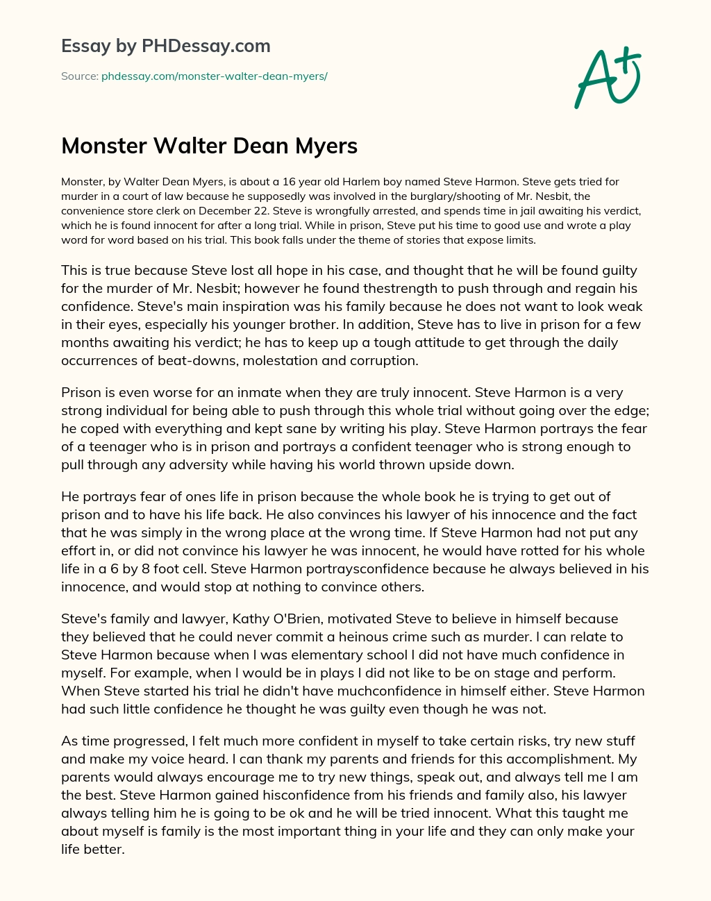 Monster Walter Dean Myers essay