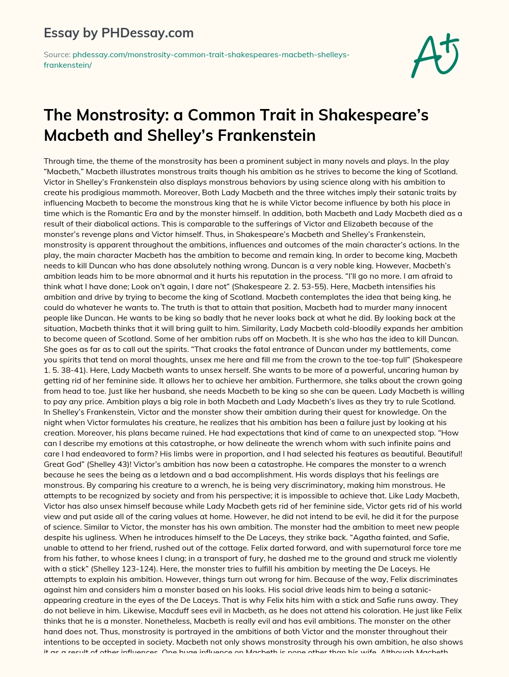 The Monstrosity: a Common Trait in Shakespeare’s Macbeth and Shelley’s Frankenstein essay