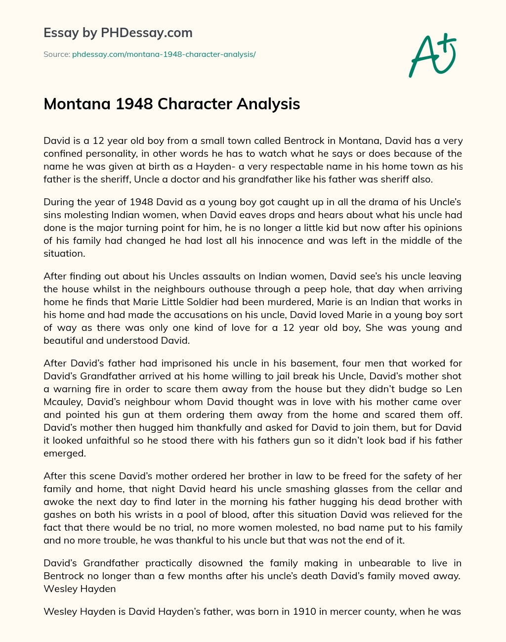 Montana 1948 Character Analysis essay