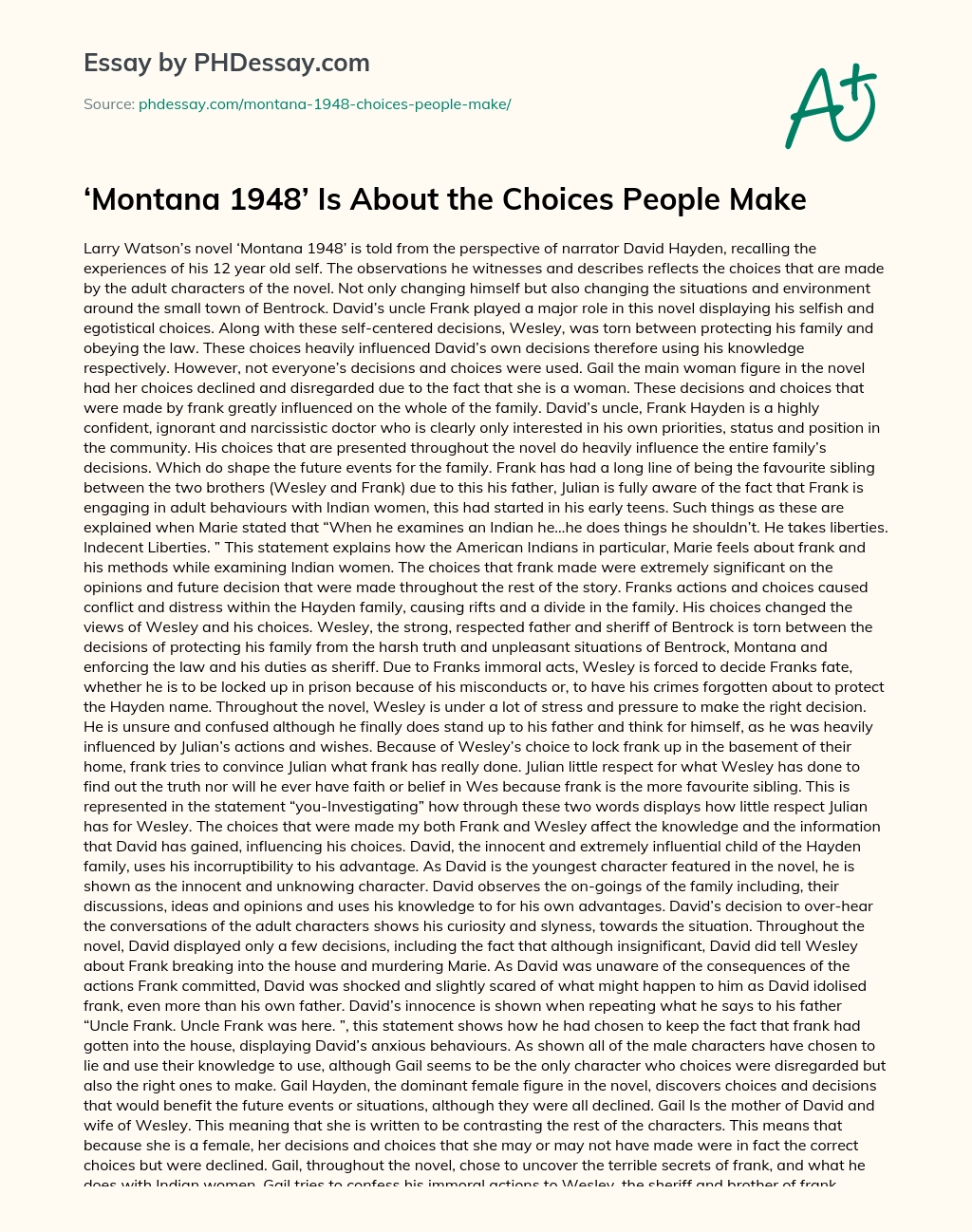 Montana 1948 Is About the Choices People Make essay