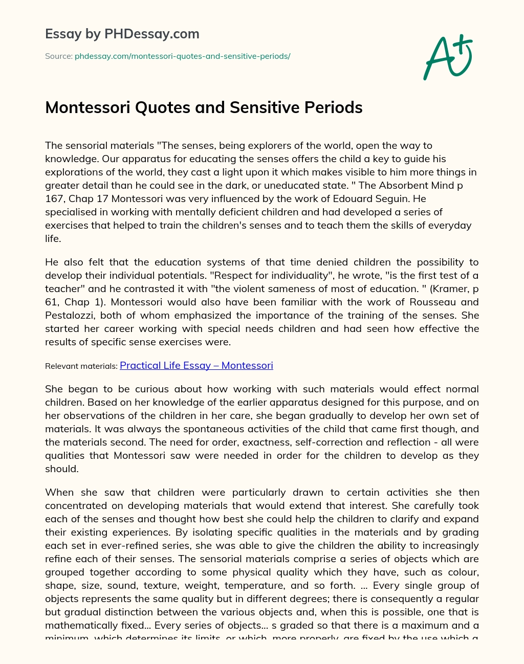Montessori Quotes and Sensitive Periods essay