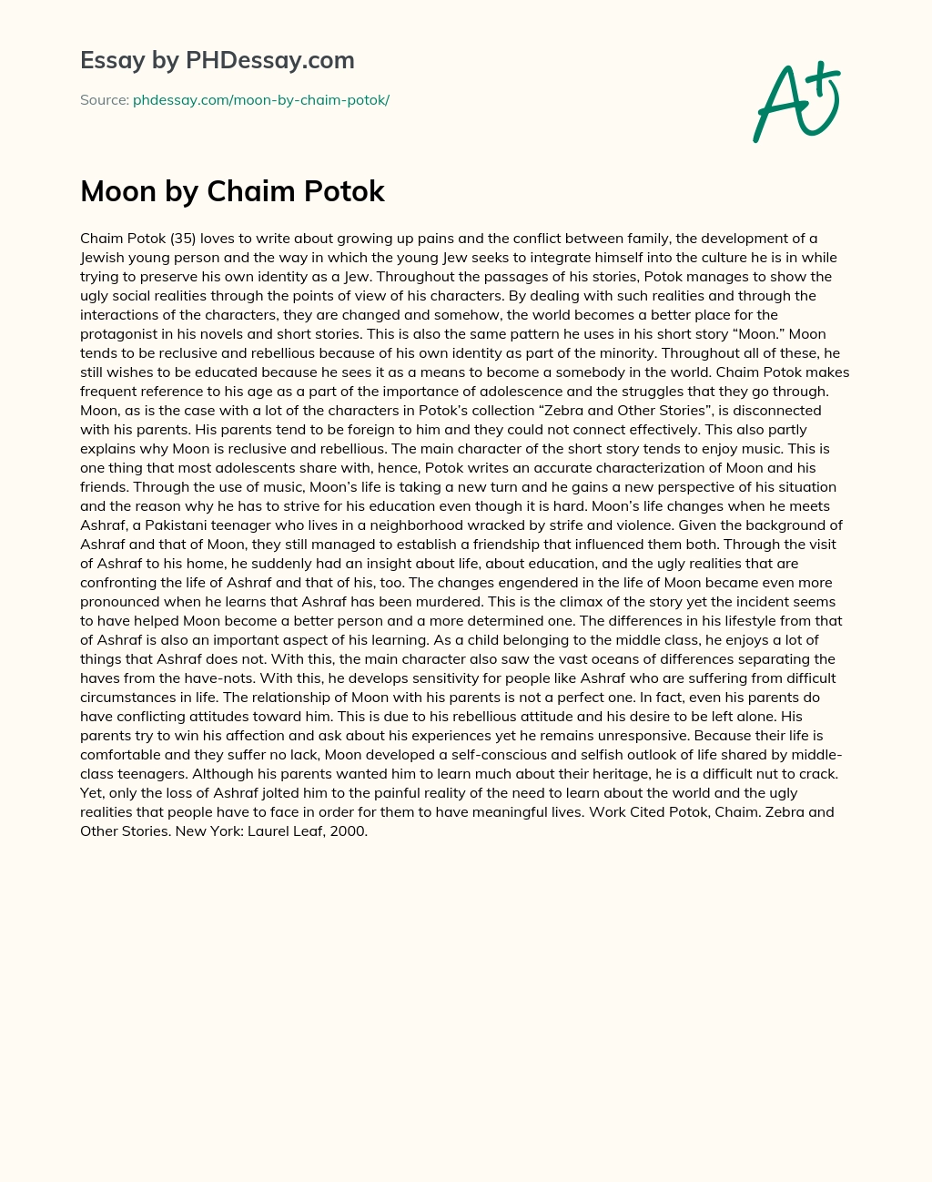 Moon by Chaim Potok essay