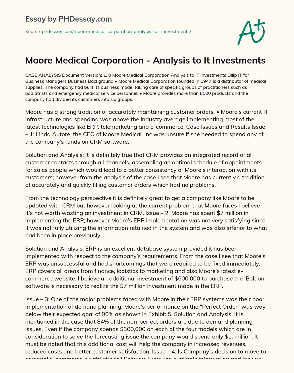 Moore Medical Corporation – Analysis to It Investments essay