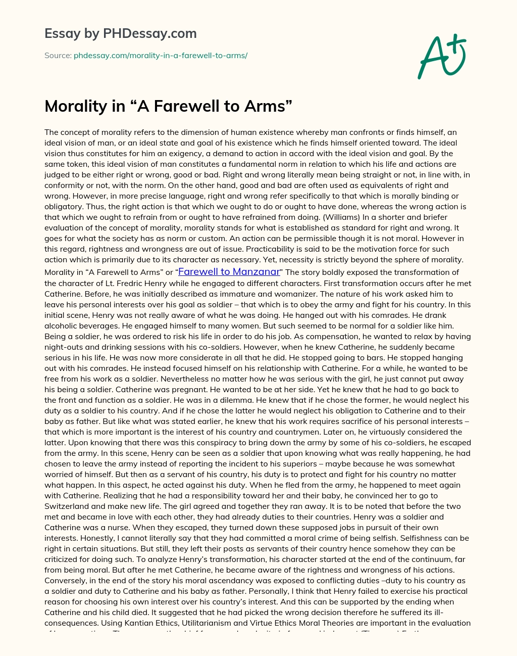 Morality in “A Farewell to Arms” essay