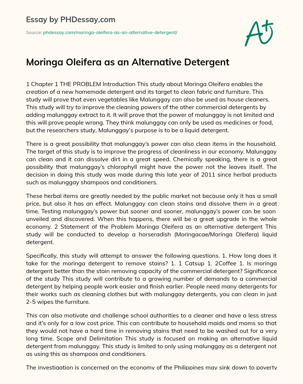 Moringa Oleifera as an Alternative Detergent essay