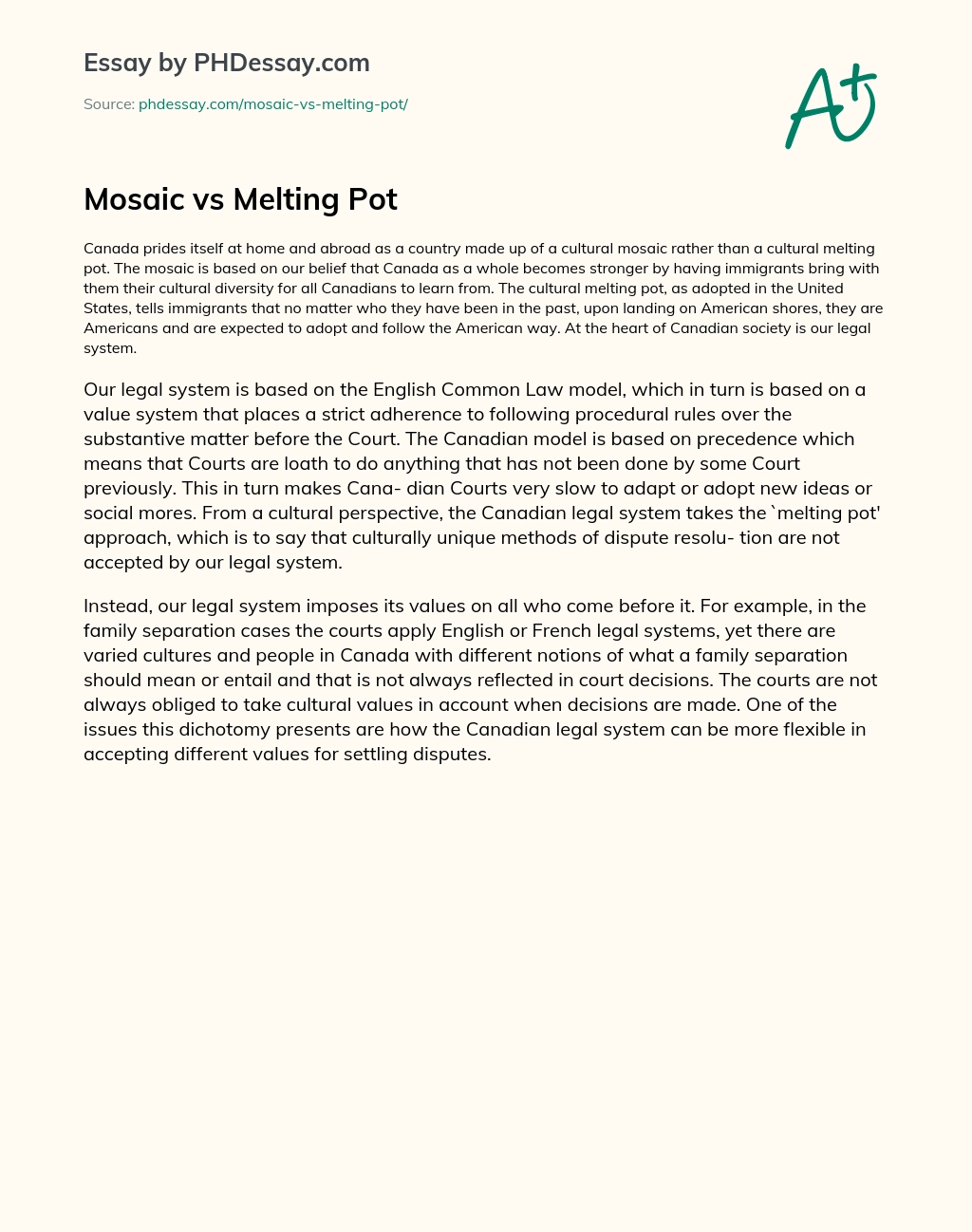 Mosaic vs Melting Pot essay