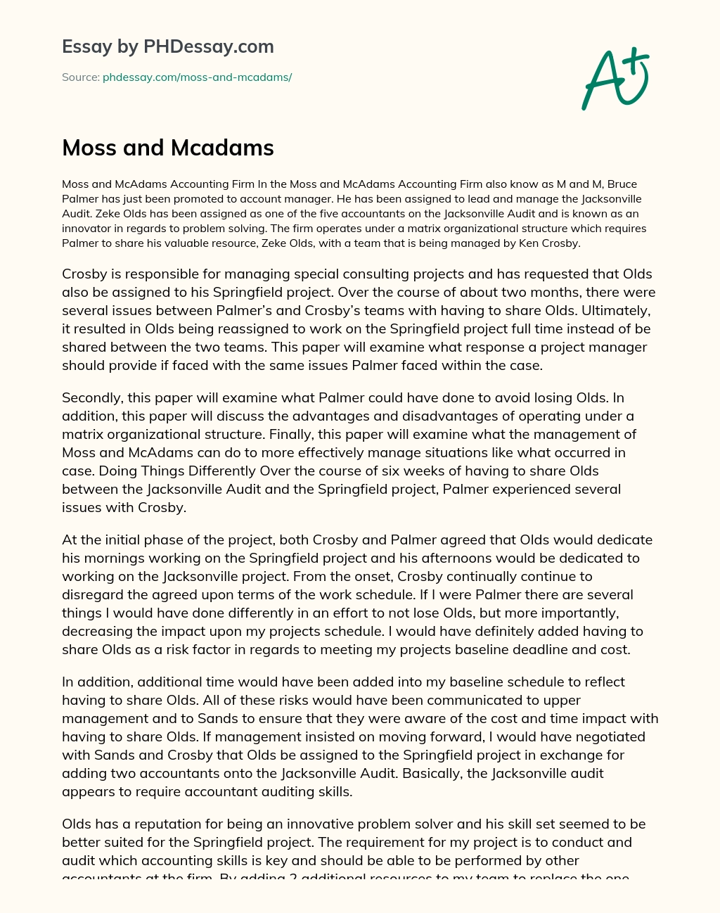 Moss and Mcadams essay