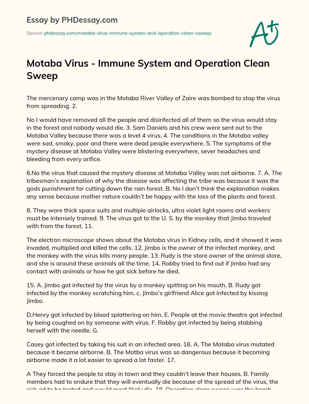 Motaba Virus – Immune System and Operation Clean Sweep essay