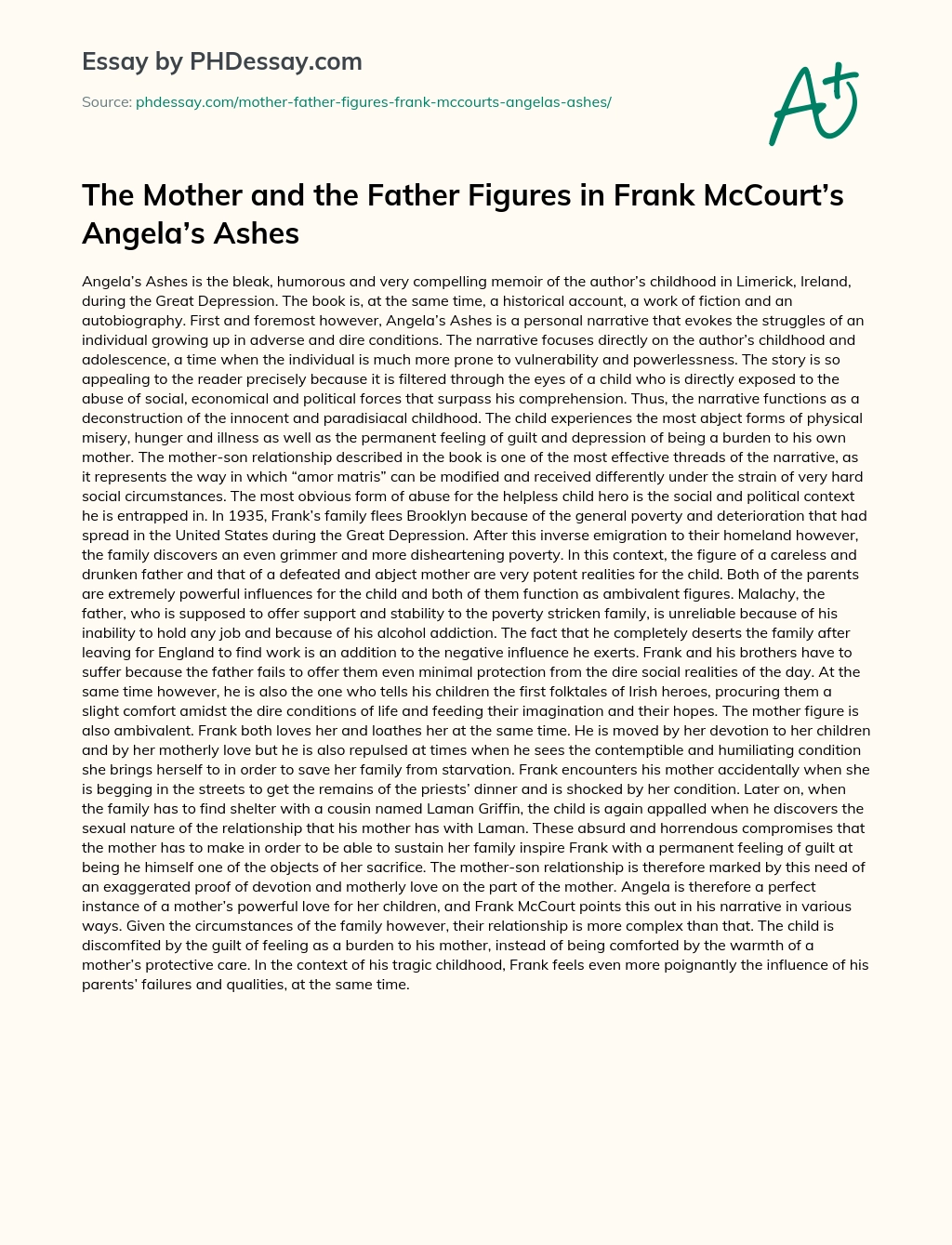 The Mother and the Father Figures in Frank McCourt’s Angela’s Ashes essay