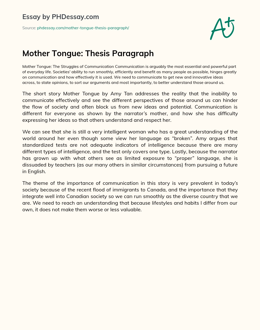 Mother Tongue: Thesis Paragraph essay