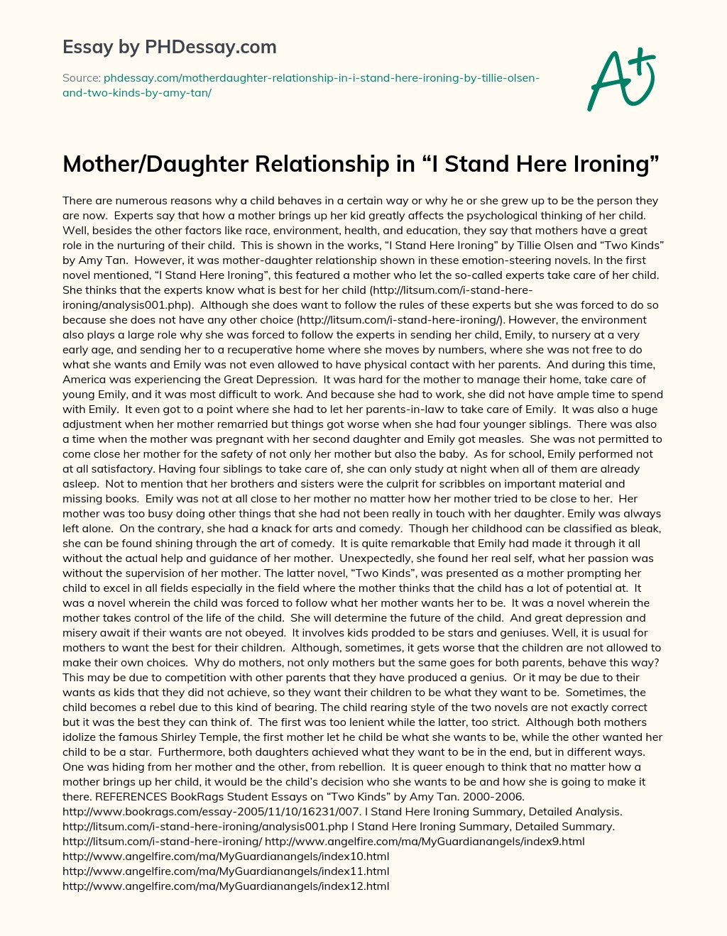 Mother/Daughter Relationship in “I Stand Here Ironing” essay