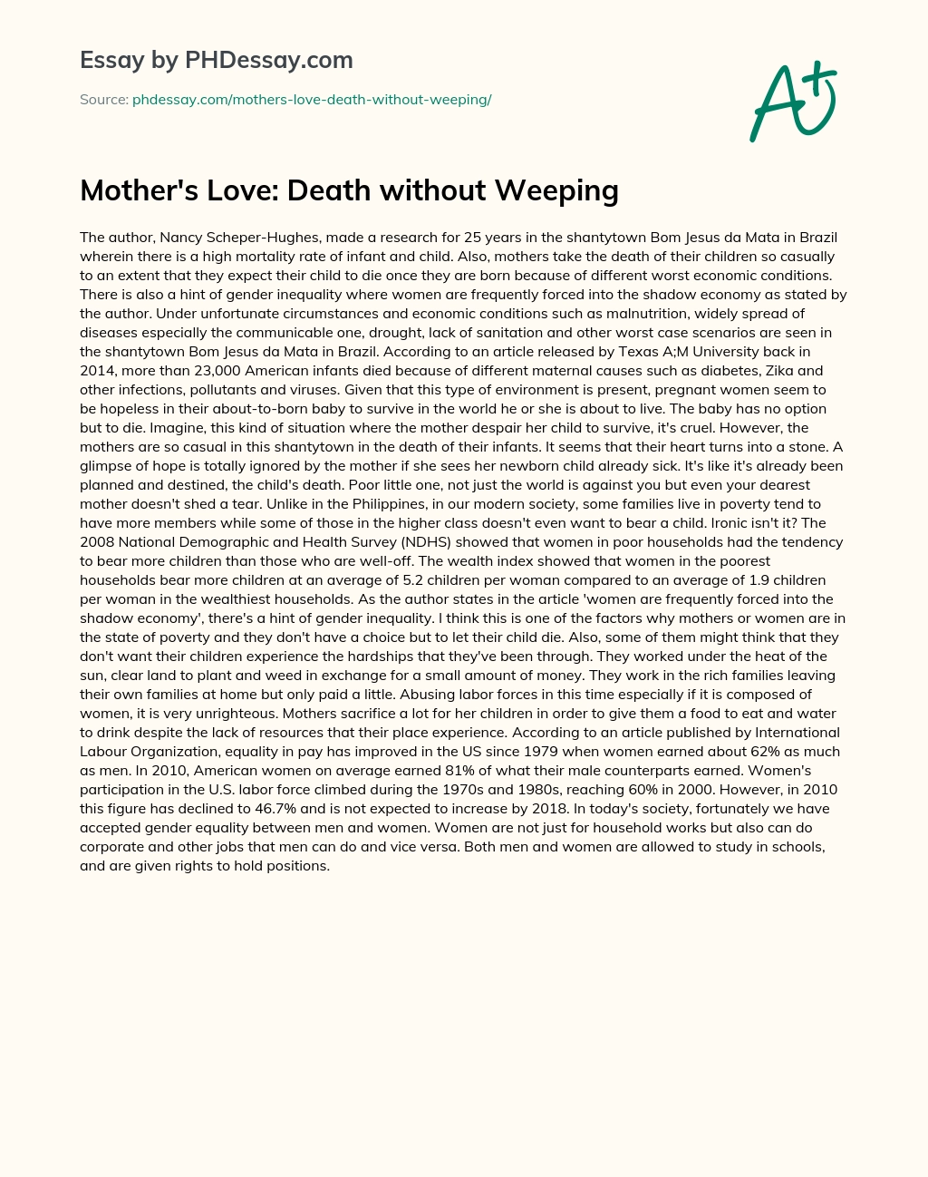 Mother’s Love: Death without Weeping essay