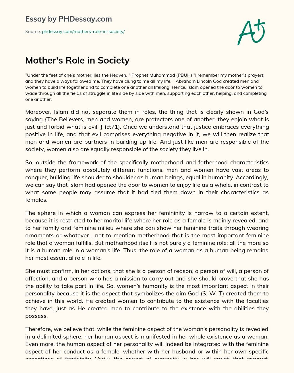 Mother’s Role in Society essay