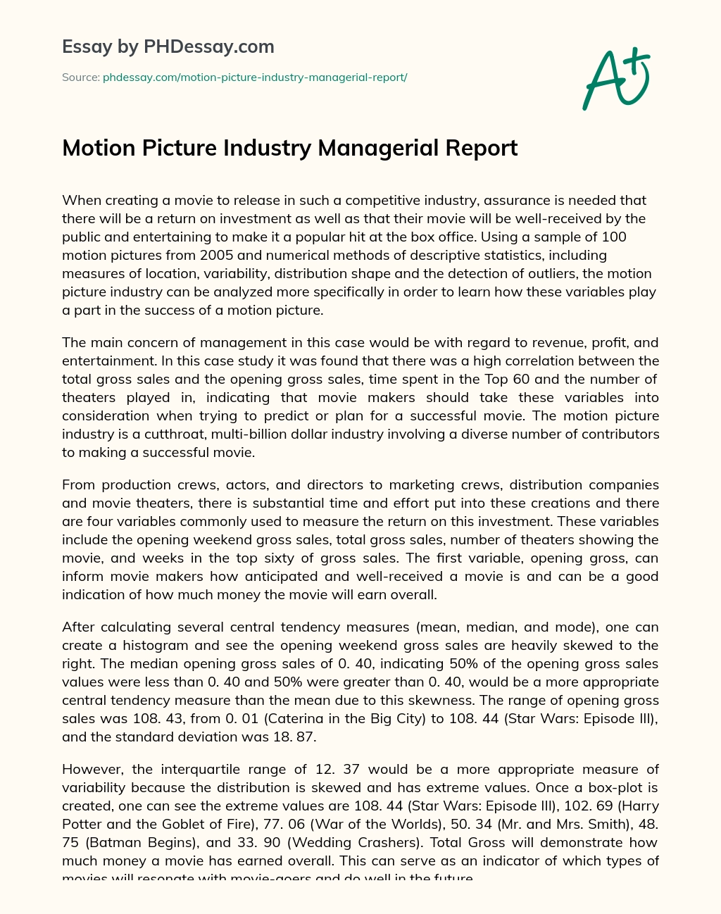 Motion Picture Industry Managerial Report essay