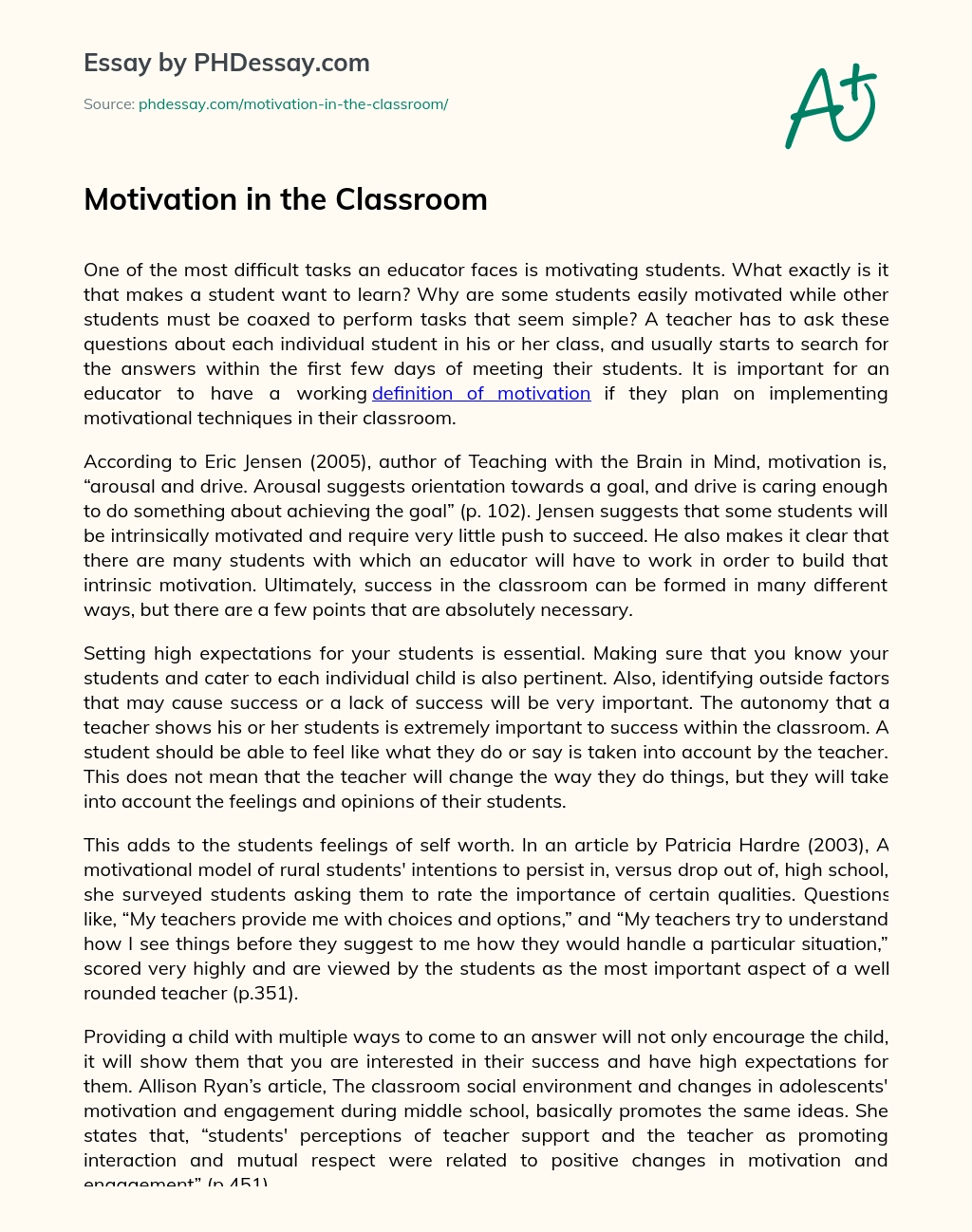 Motivation in the Classroom essay