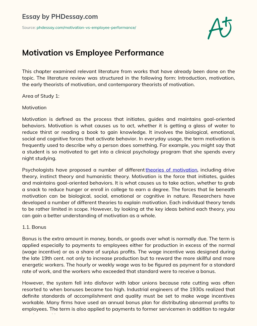 Motivation vs Employee Performance essay