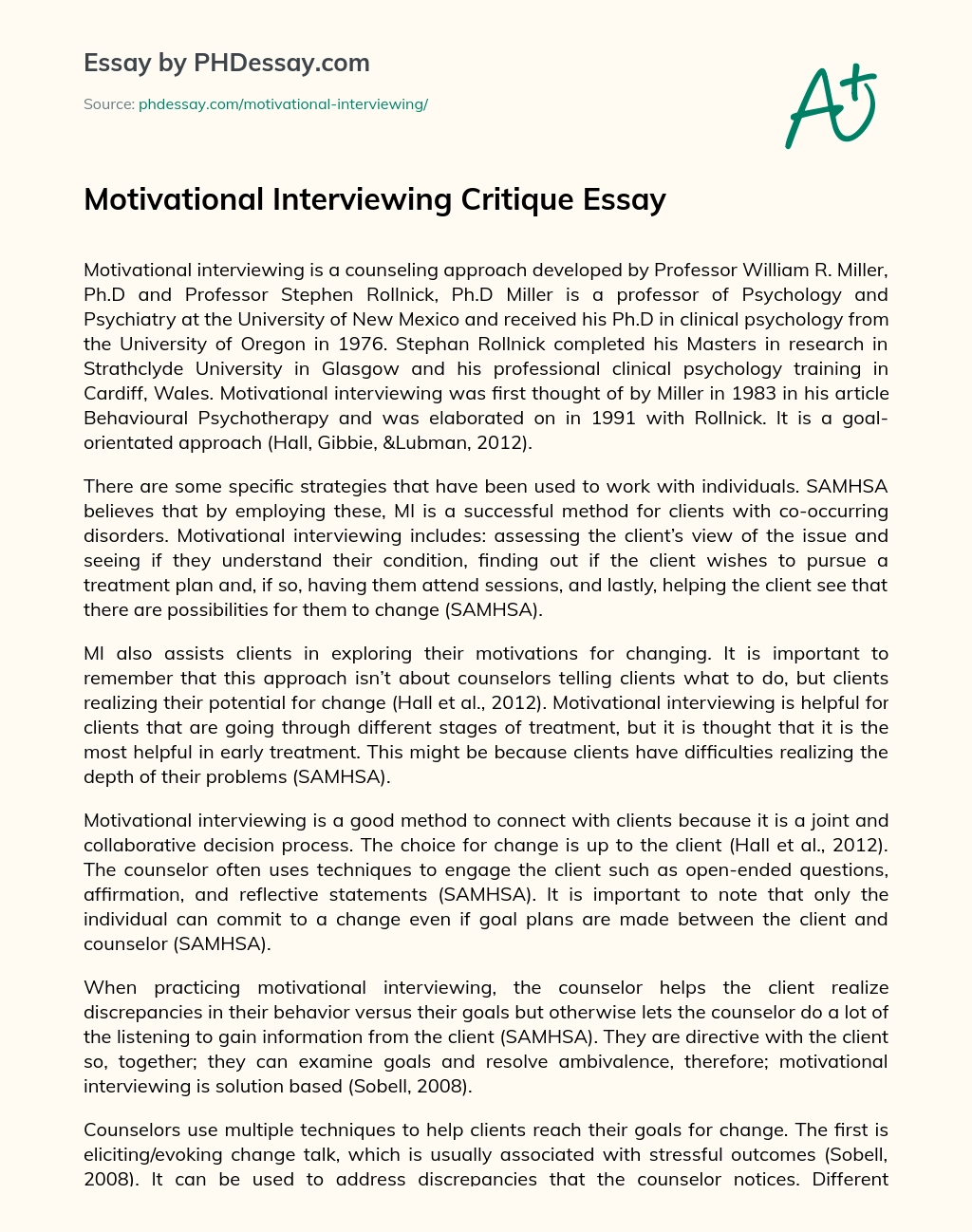 Motivational Interviewing Critique Essay essay